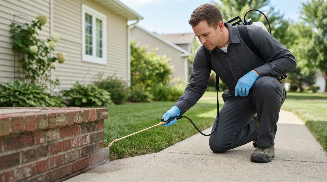Pest control technician treating a home near Avoca, IA